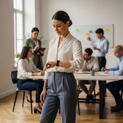 A woman wearing a vest exemplifies efficient time management skills, showcasing her organizational abilities.